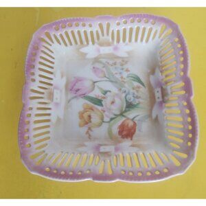 Vintage Germany Porcelain Trinket Dish 6" x 6"Reticulated Floral Pattern
